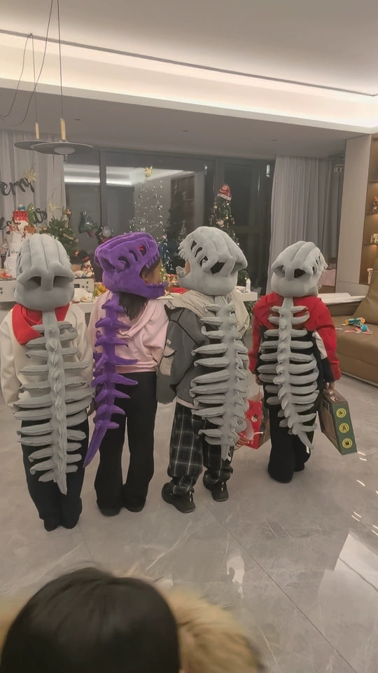 Cartoon dinosaur skull plush headwear creating funny outfit photo aesthetic