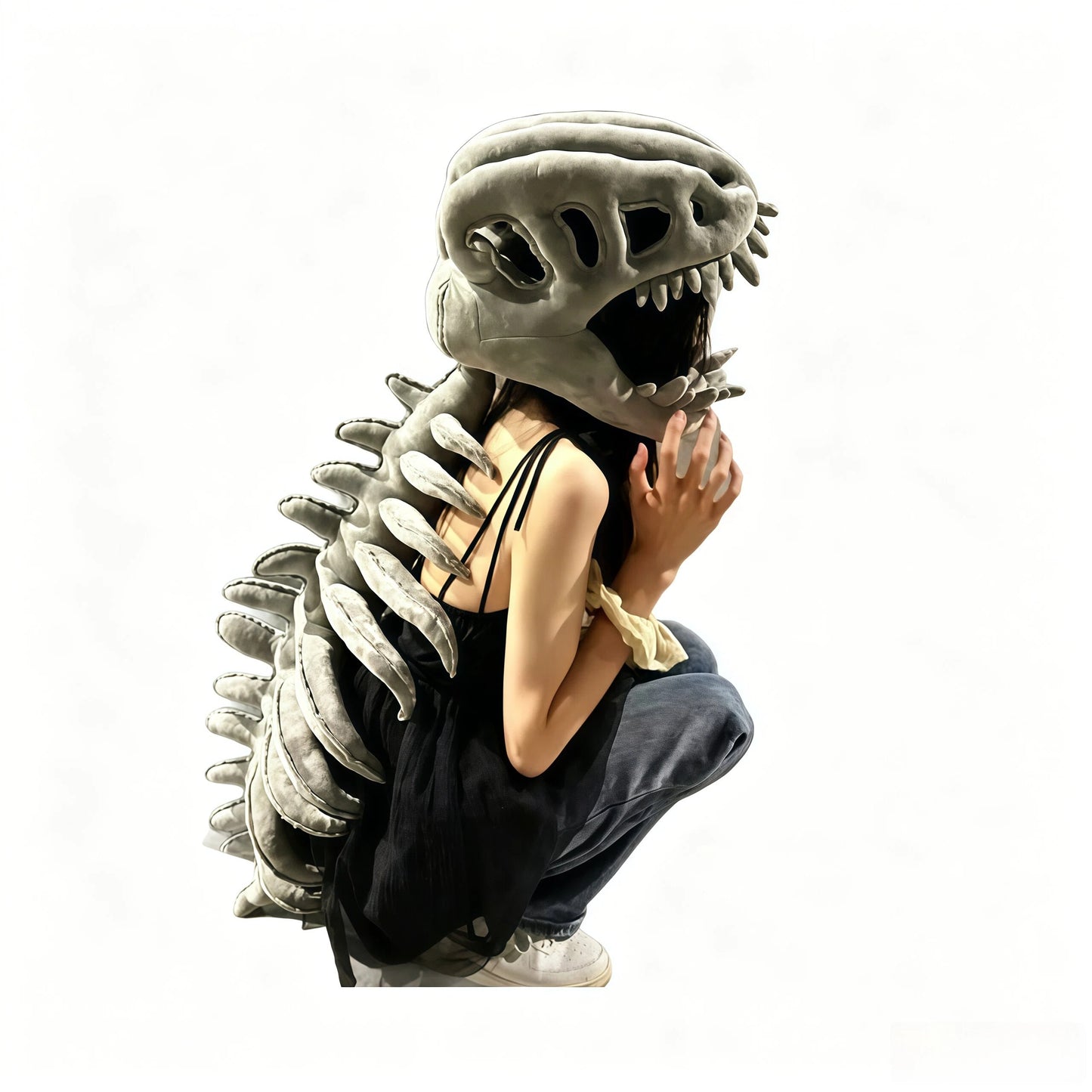 Cartoon style dinosaur skull plush hood perfect for social media outfit photos