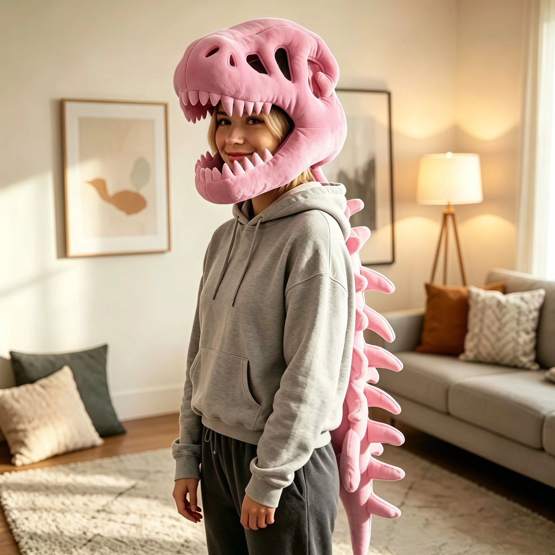Cozy oversized dinosaur plush helmet accessory worn with casual indoor clothing
