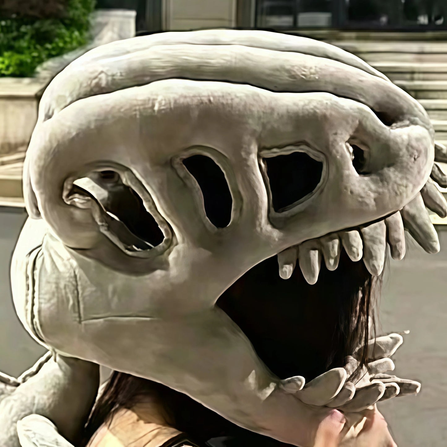 Funny plush dinosaur mask used in cozy bedroom TikTok content creation