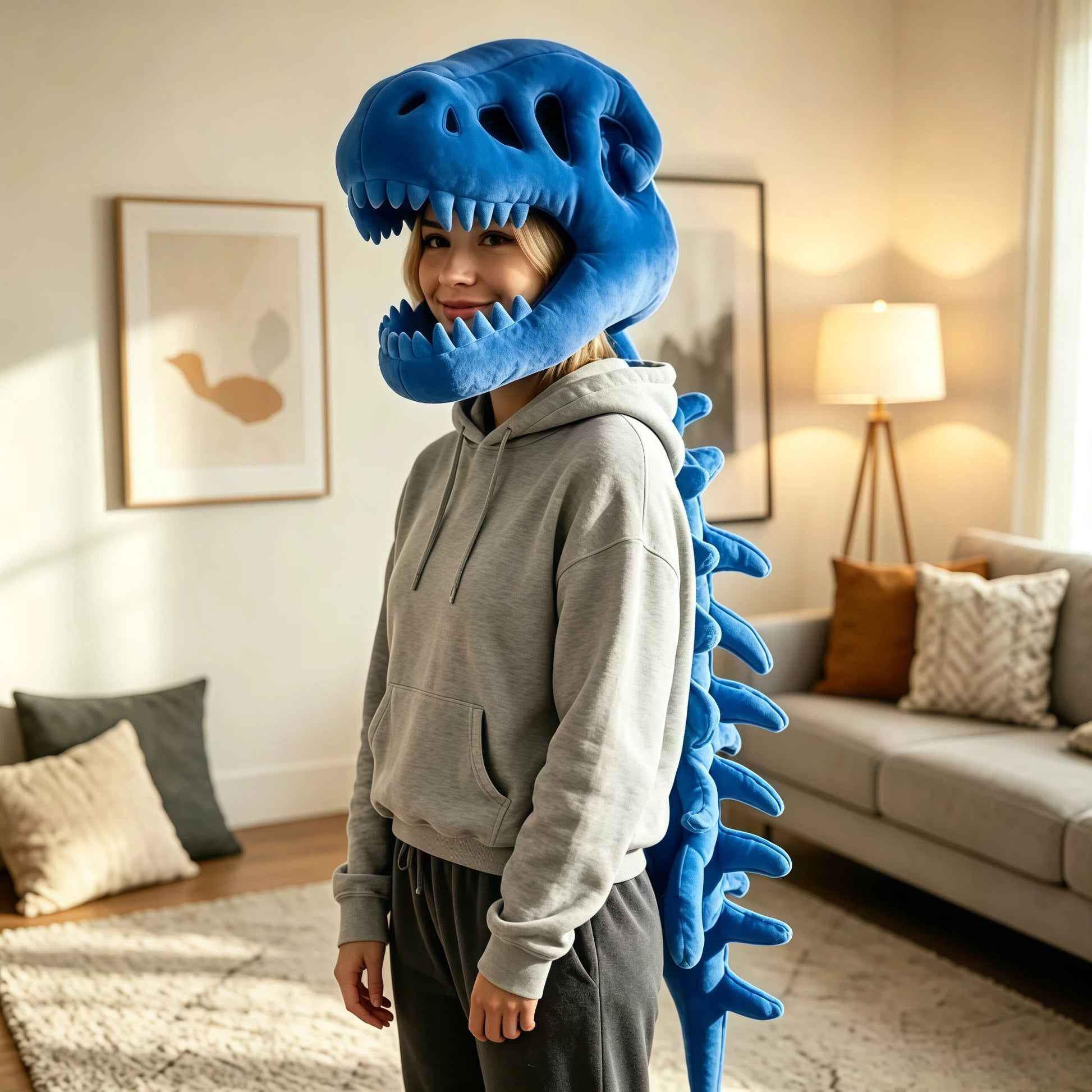 Kawaii style dinosaur skull plush hood accessory for aesthetic mirror selfies