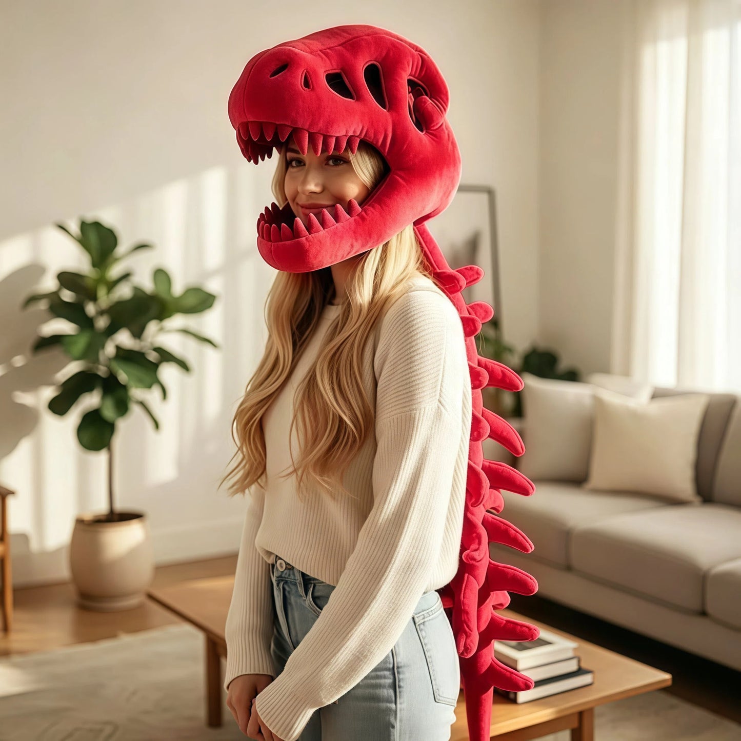 Oversized skeleton dinosaur plush hood creating funny meme-inspired fashion look