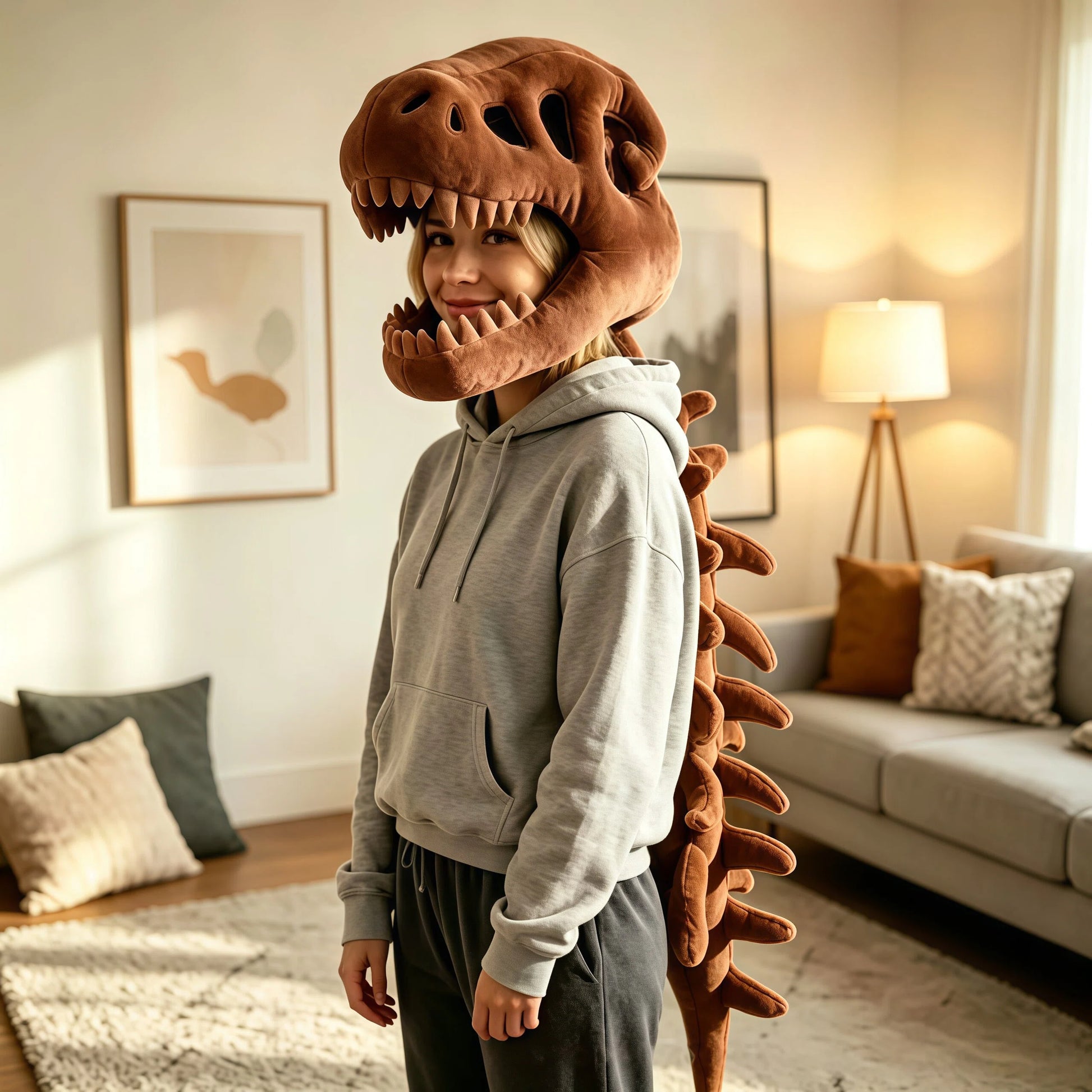 Viral dinosaur plush headwear accessory styled for TikTok outfit videos and selfies