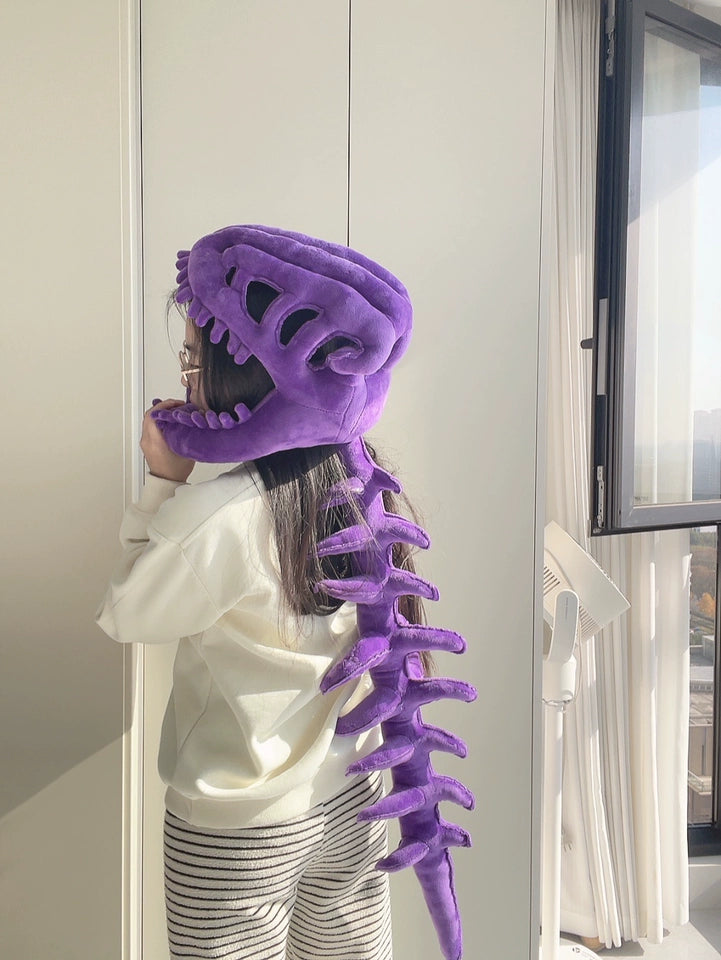 Viral plush dinosaur costume head accessory for social media content creation
