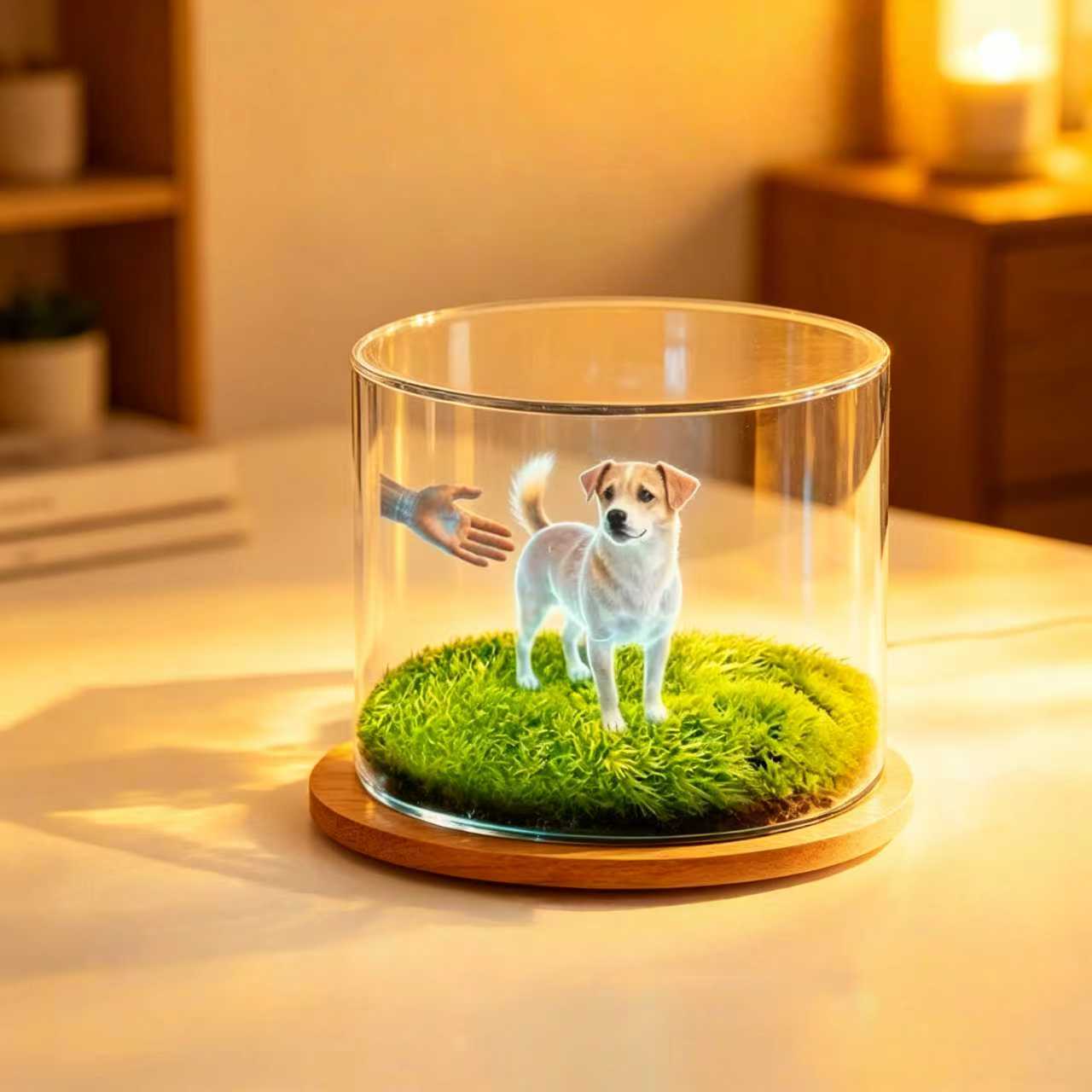 custom pet hologram display with golden retriever inside glowing memory cube