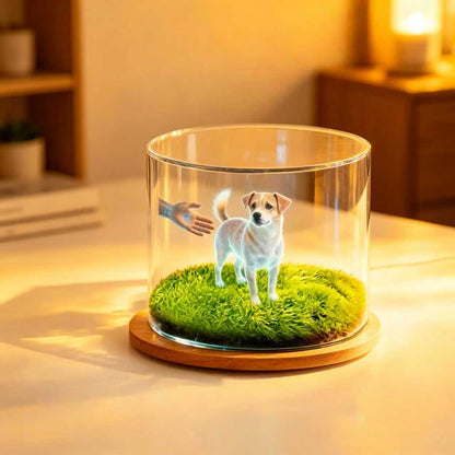 custom pet hologram display with golden retriever inside glowing memory cube