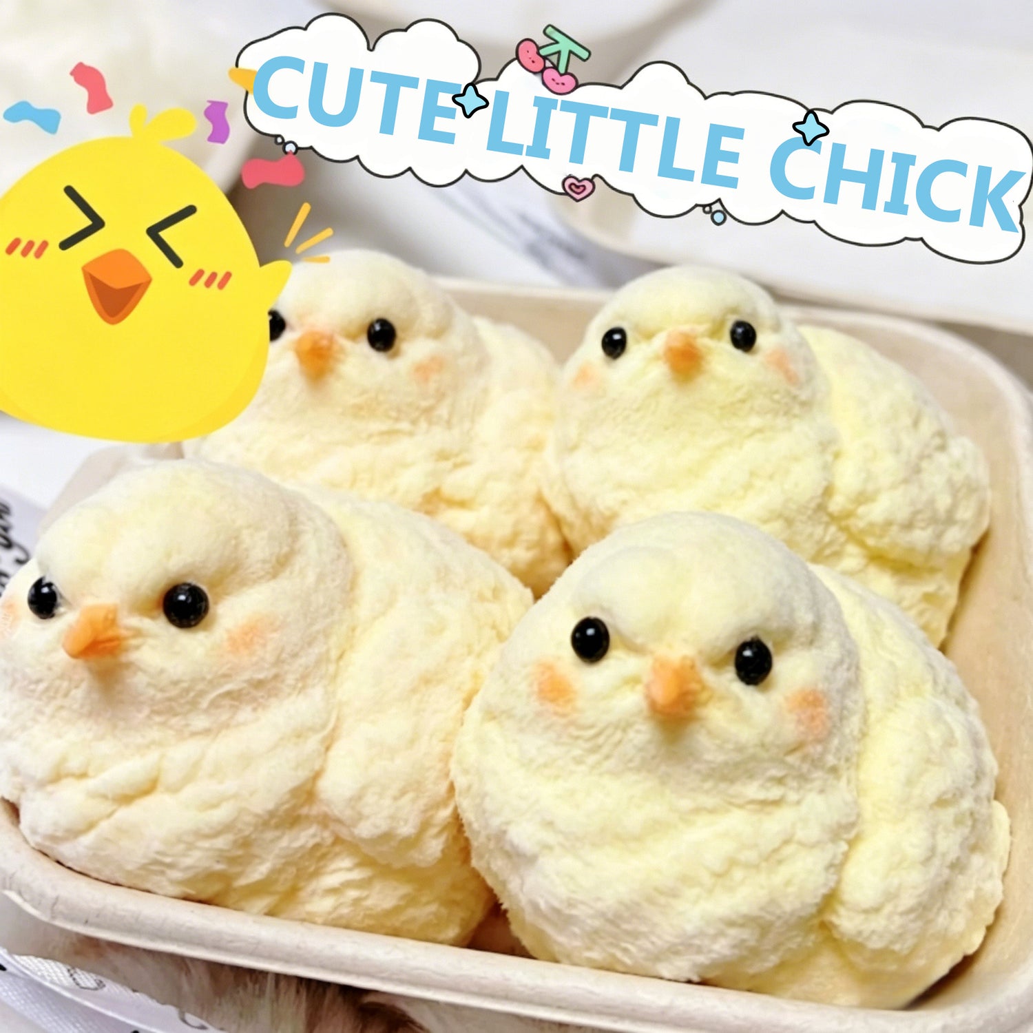 Fluffy chick cozy aesthetic plush set with ultra soft squishy texture and cute basket display


