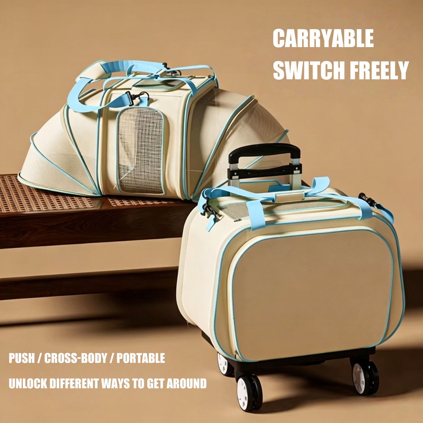 Lightweight pet carrier with wheels for outdoor travel and vet visits