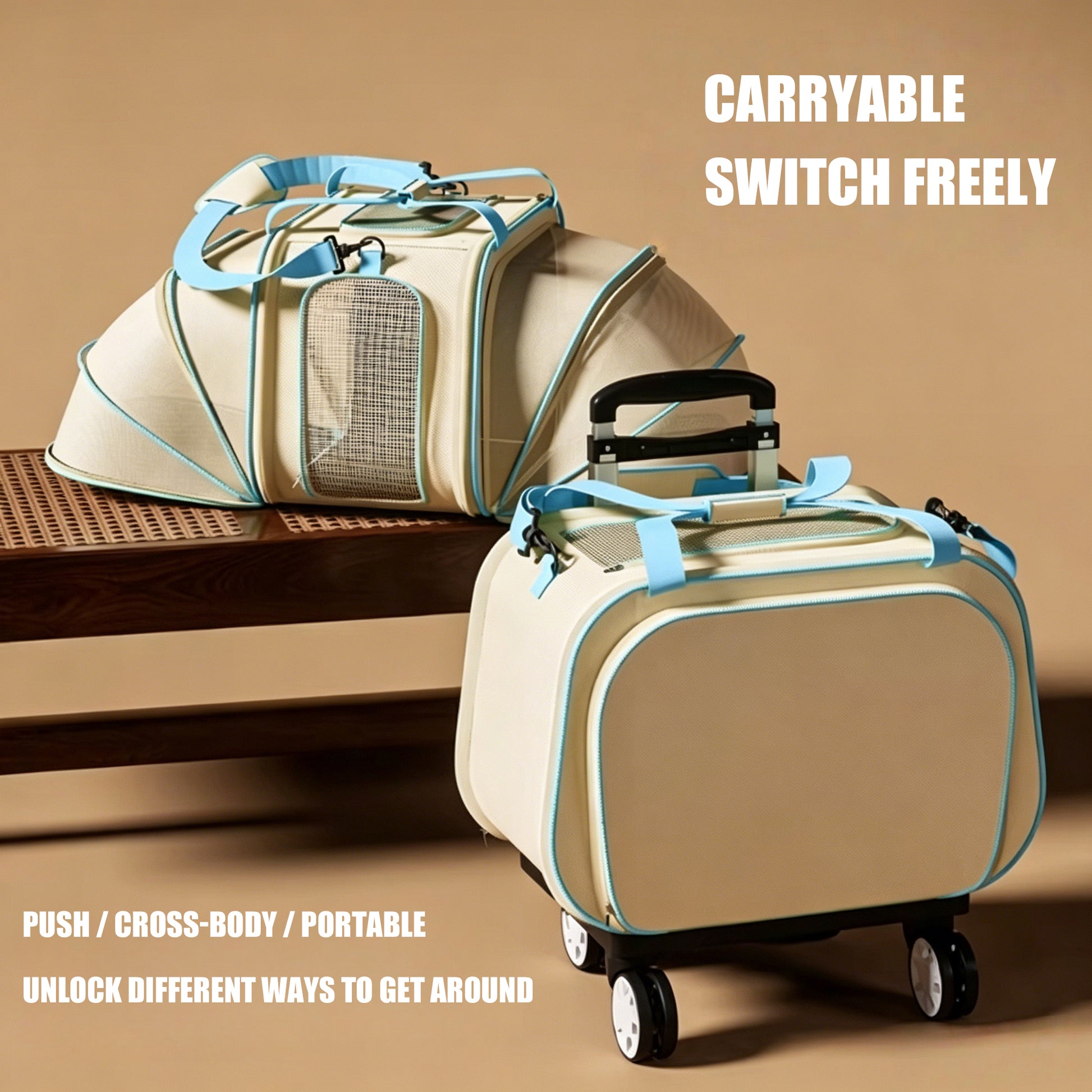 Lightweight pet carrier with wheels for outdoor travel and vet visits